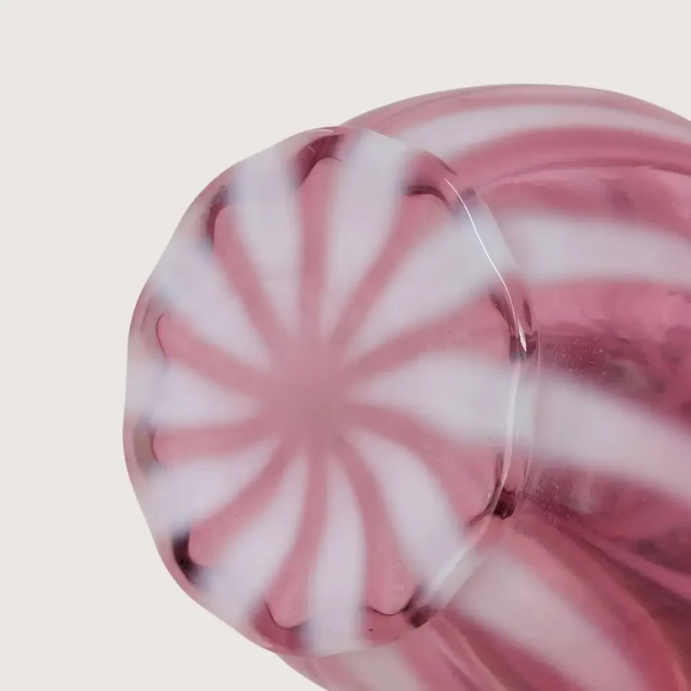 1940s Fenton Glass Pink Opalescent Spiral Swirl Double Crimped Fluted Fan Vase